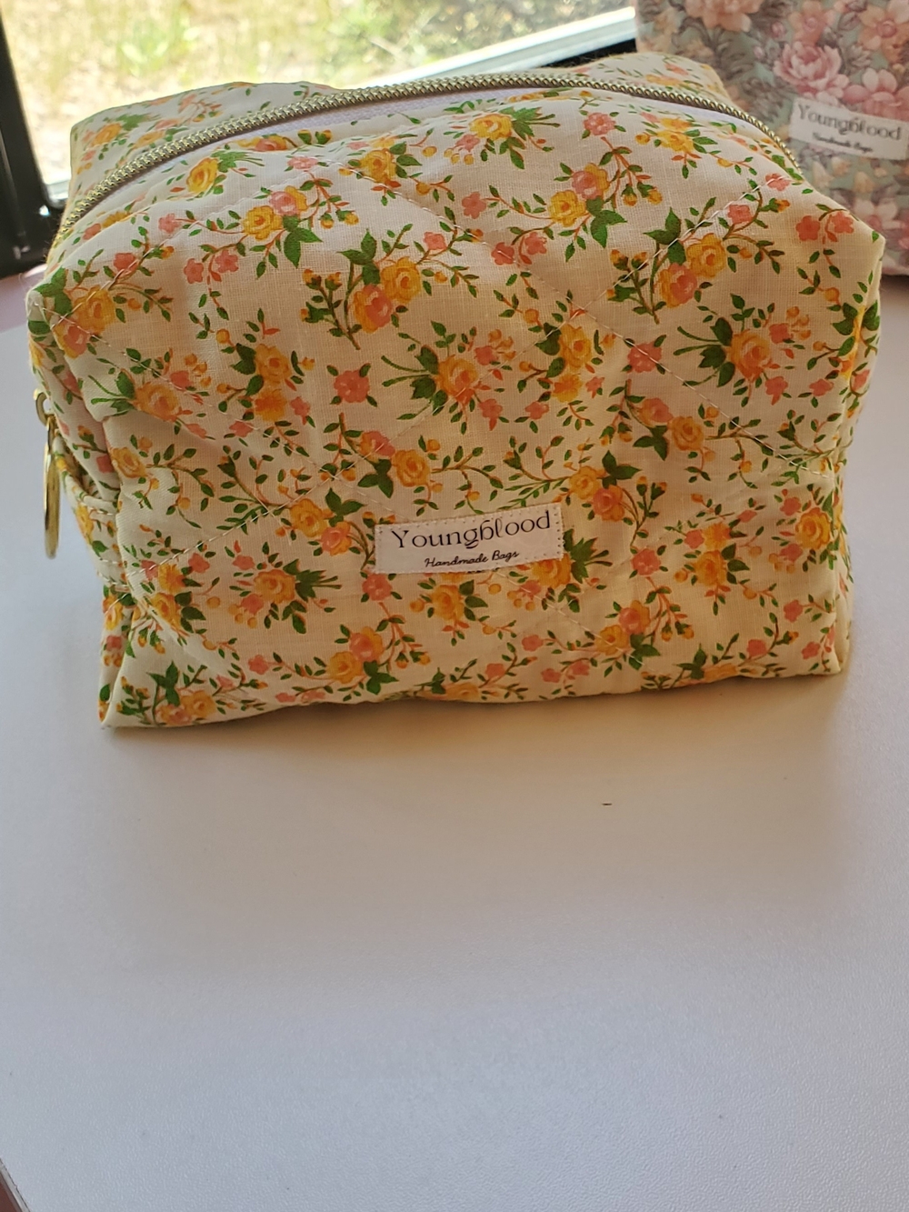 Floral Boxy Makeup Bag - Yellow & Cream Size Medium